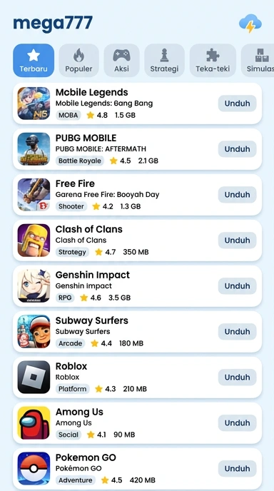 Tampilan katalog aplikasi mega777